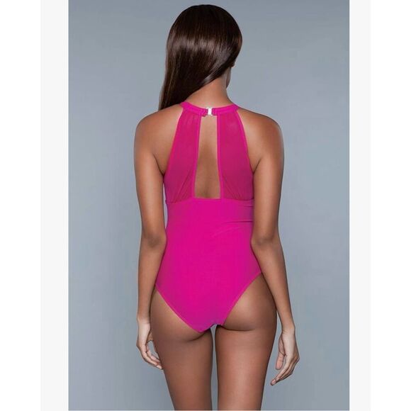 Women’s Medium One Piece Swimsuit Fuchsia Pink High Neck Mesh NEW - Picture 2 of 8